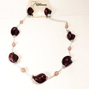 Women's Polished Silver tone Colorful Beads Necklace with Matching Drop Earrings